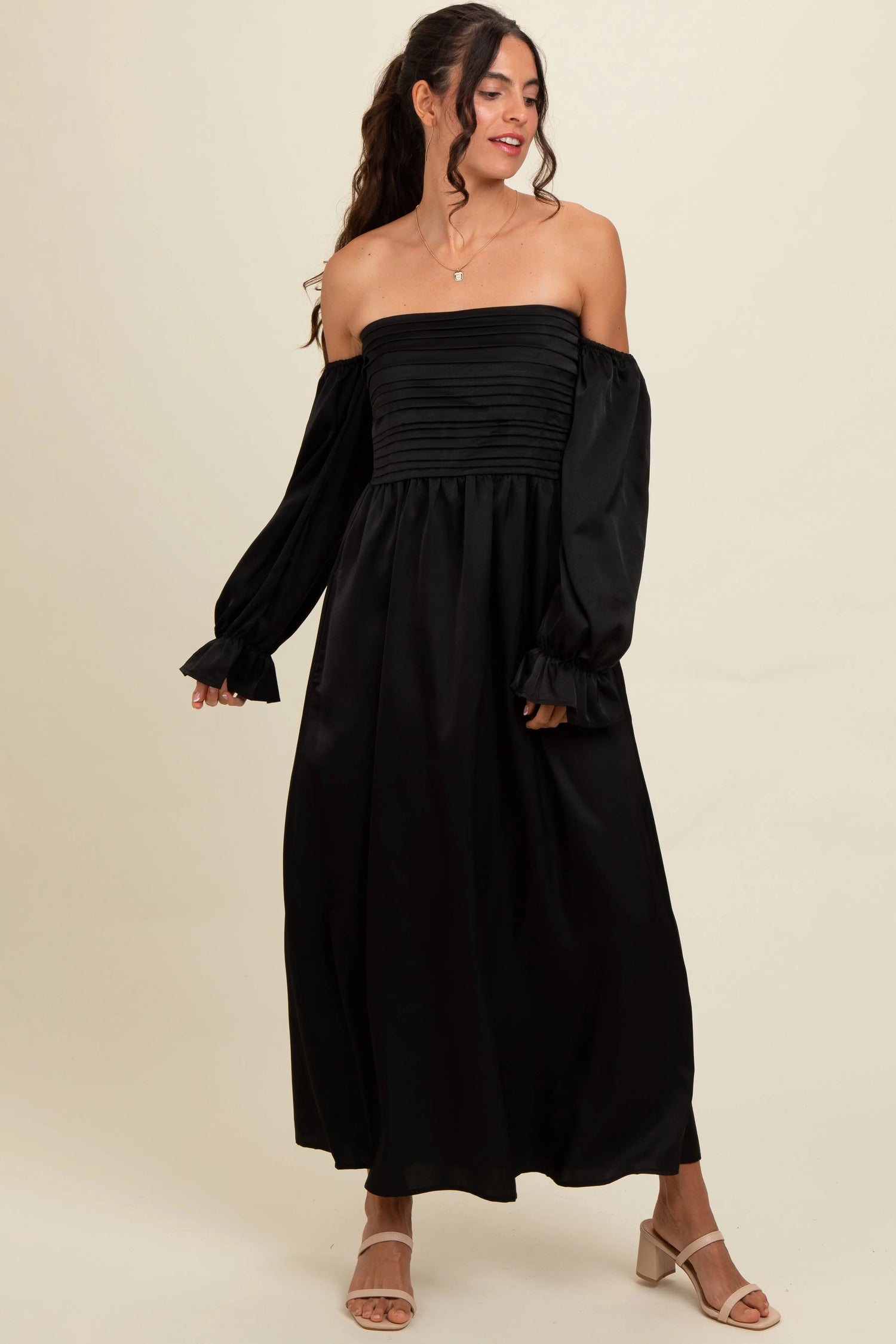 PinkBlush Black Off Shoulder Satin Pleated Bodice Maxi Dress - 