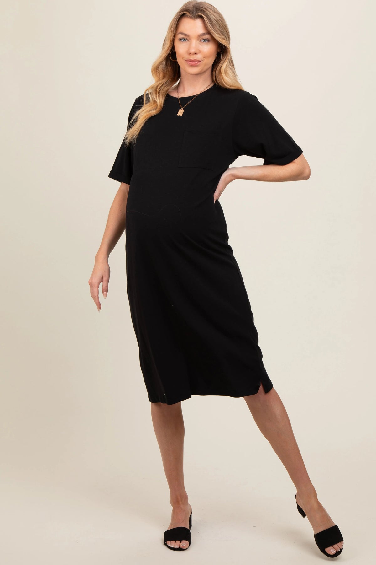 PinkBlush Black Oversized Round Neck T-Shirt Maternity Dress - 