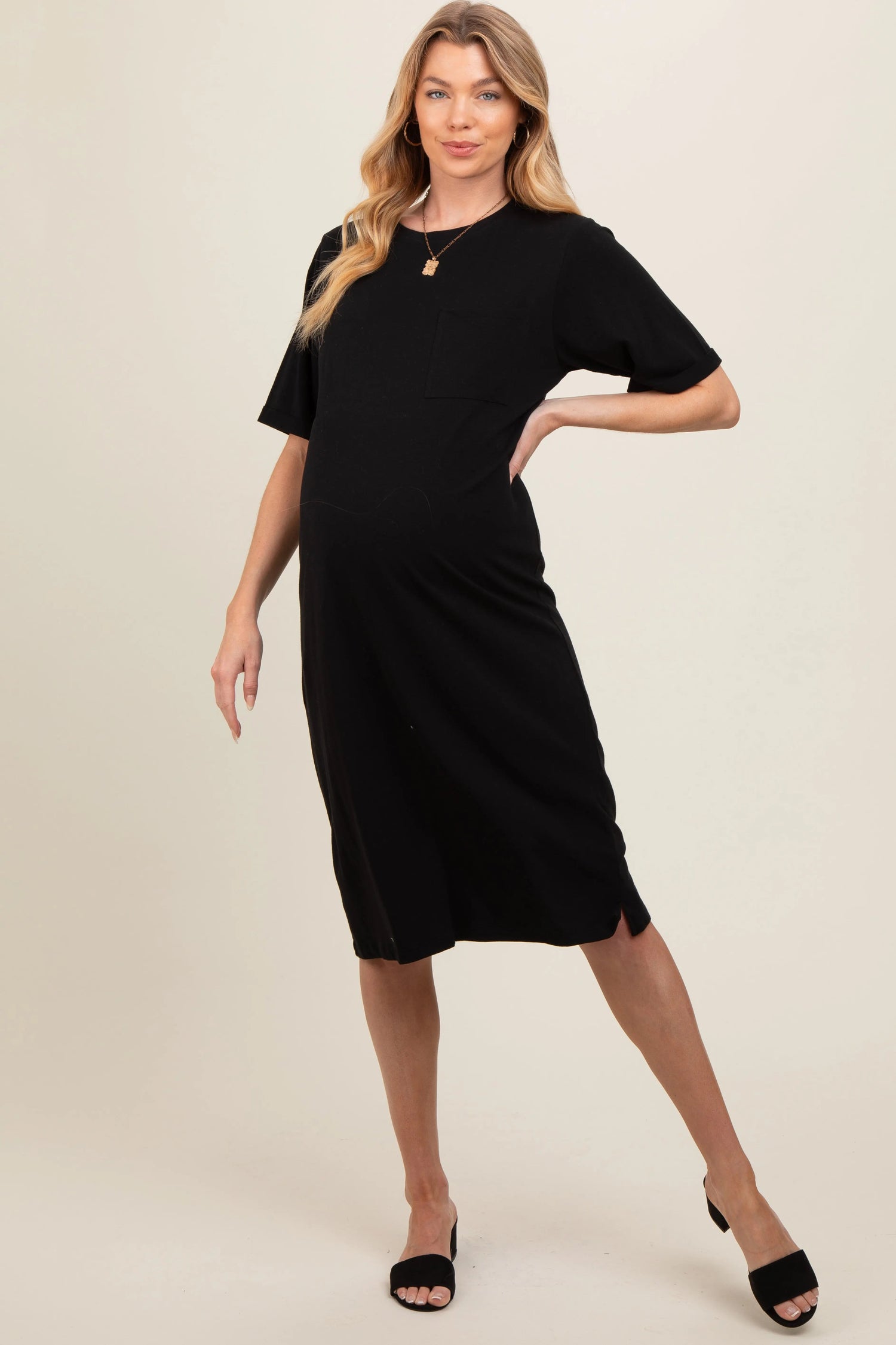 PinkBlush Black Oversized Round Neck T-Shirt Maternity Dress - 