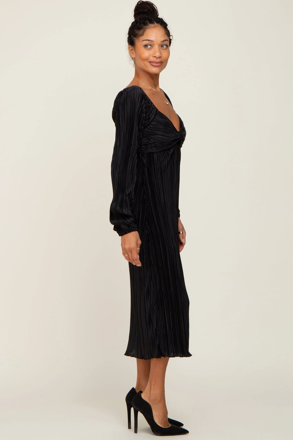 PinkBlush Black Pleated Front Cutout Back Tie Midi Dress - 