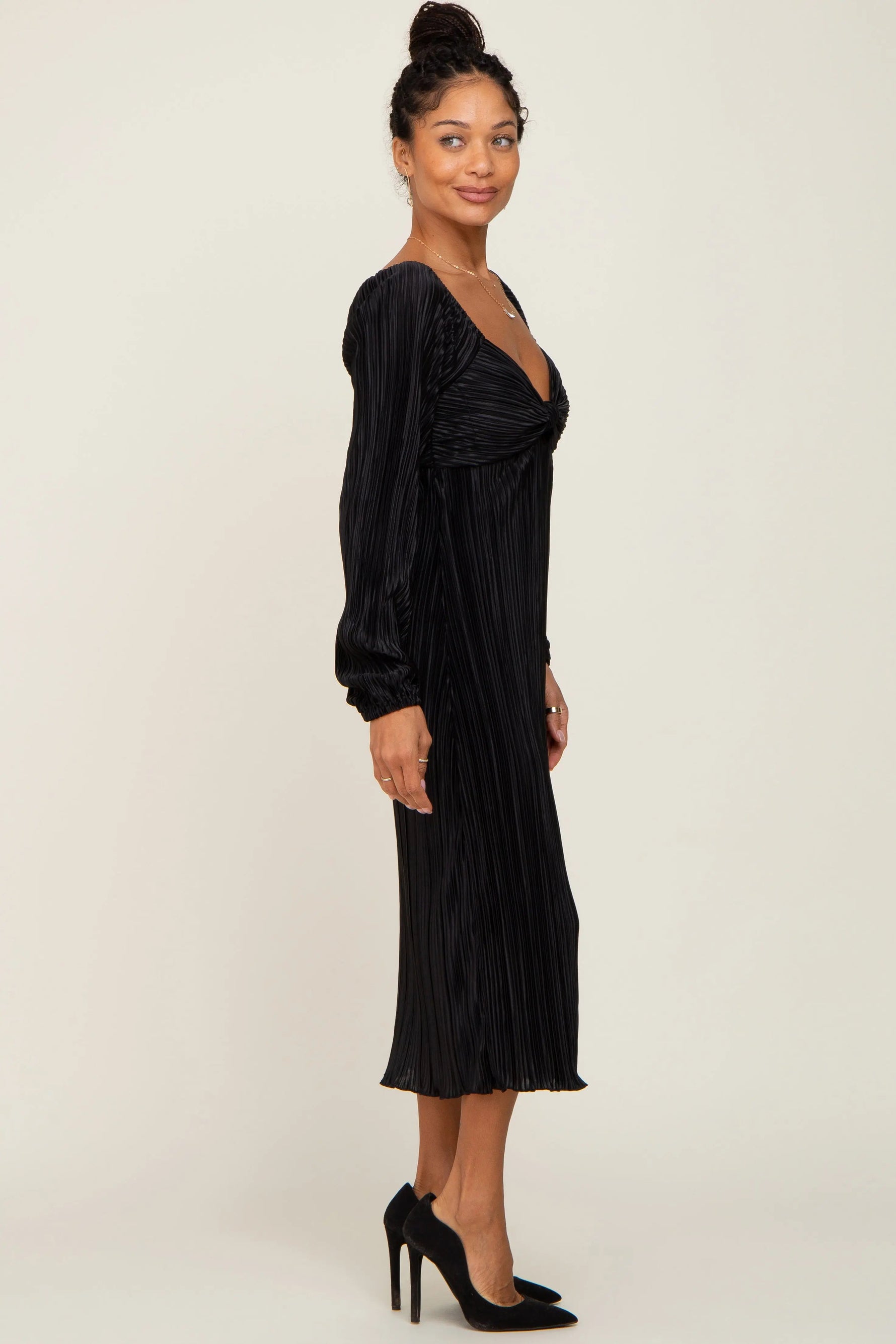 PinkBlush Black Pleated Front Cutout Back Tie Midi Dress - 