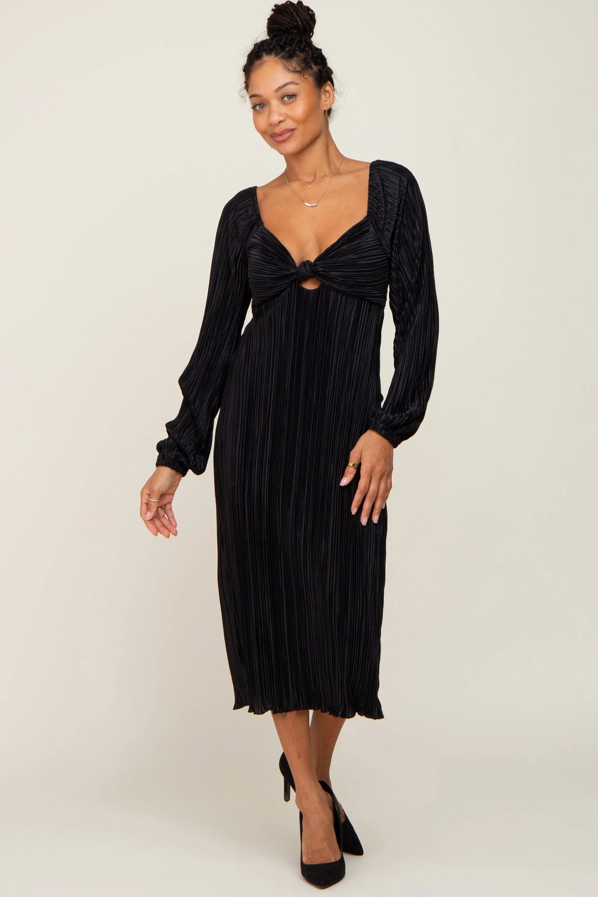 PinkBlush Black Pleated Front Cutout Back Tie Midi Dress - 