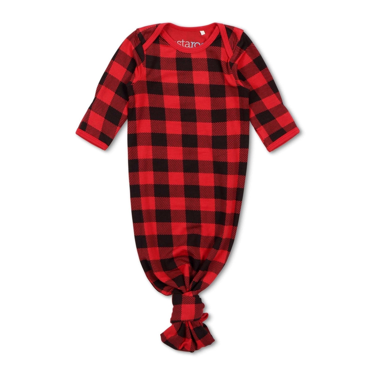 Black and red plaid baby knotted gown with overlap shoulders, fold-over mittens, and tie bottom