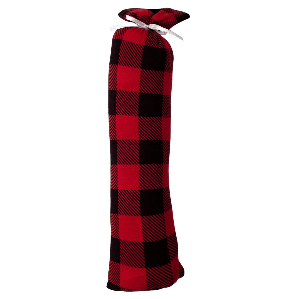 Swaddle blanket in black and red tartan plaid, spread flat to show the checkered pattern.