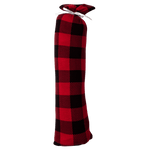 Swaddle blanket in black and red tartan plaid, spread flat to show the checkered pattern.