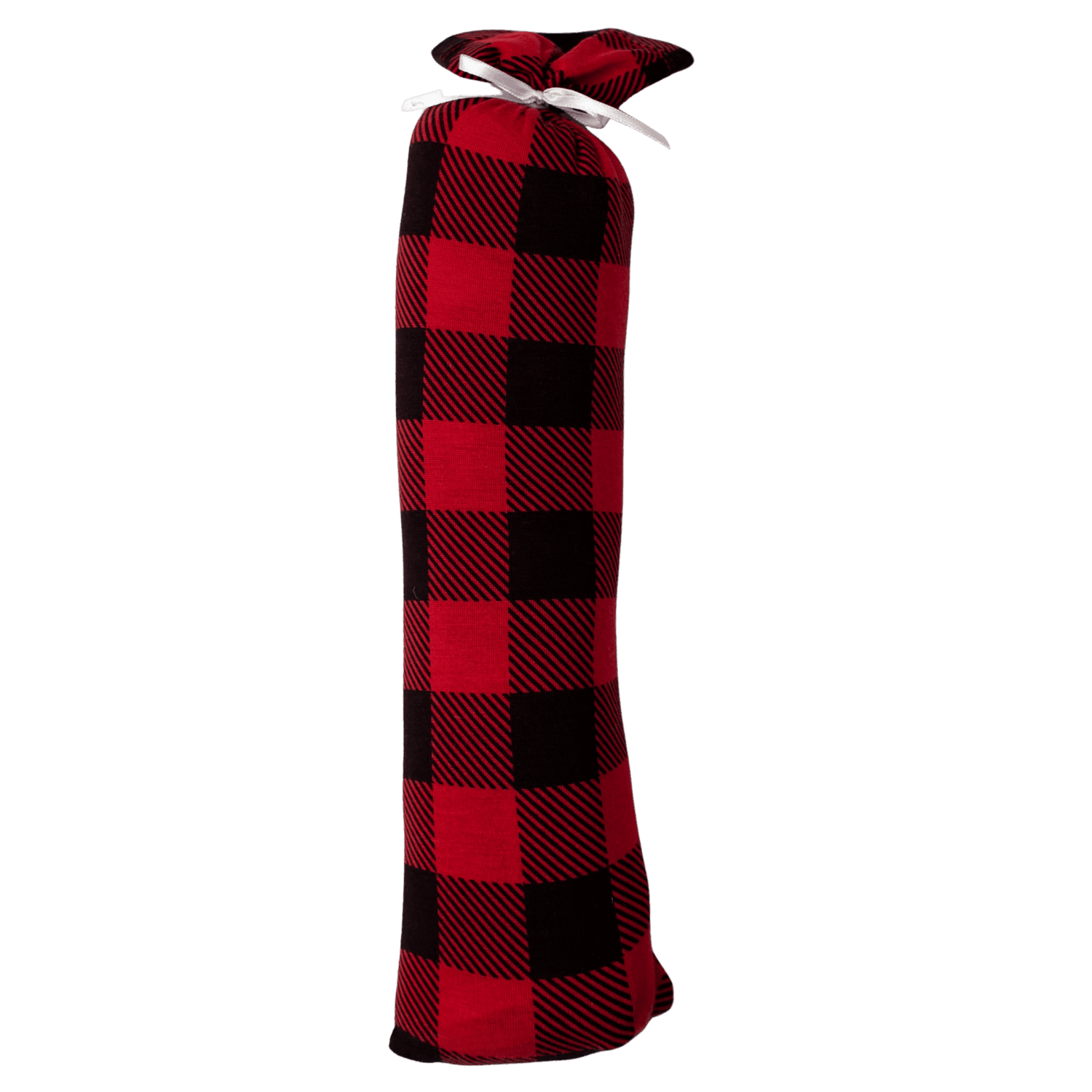 Swaddle blanket in black and red tartan plaid, spread flat to show the checkered pattern.