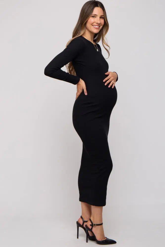 PinkBlush Black Ribbed Fitted Long Sleeve Maternity Midi Dress - 