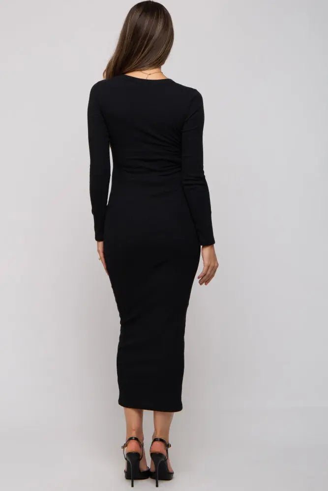 PinkBlush Black Ribbed Fitted Long Sleeve Maternity Midi Dress - 