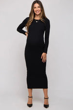 PinkBlush Black Ribbed Fitted Long Sleeve Maternity Midi Dress - 