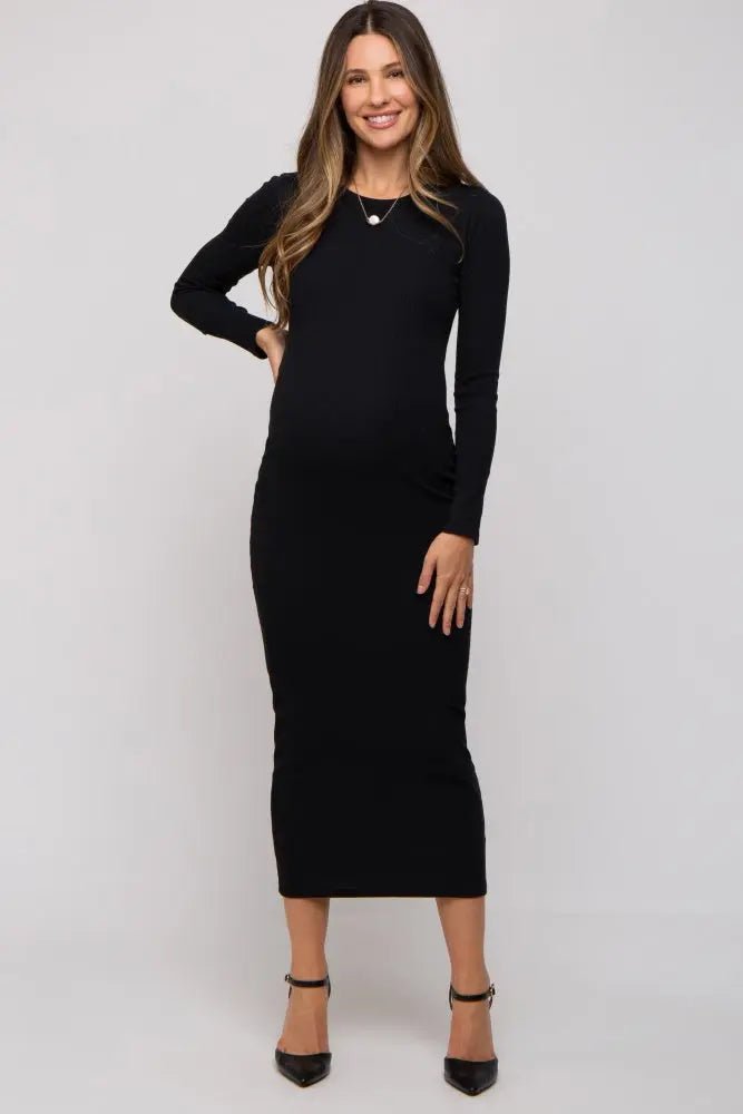 PinkBlush Black Ribbed Fitted Long Sleeve Maternity Midi Dress - 
