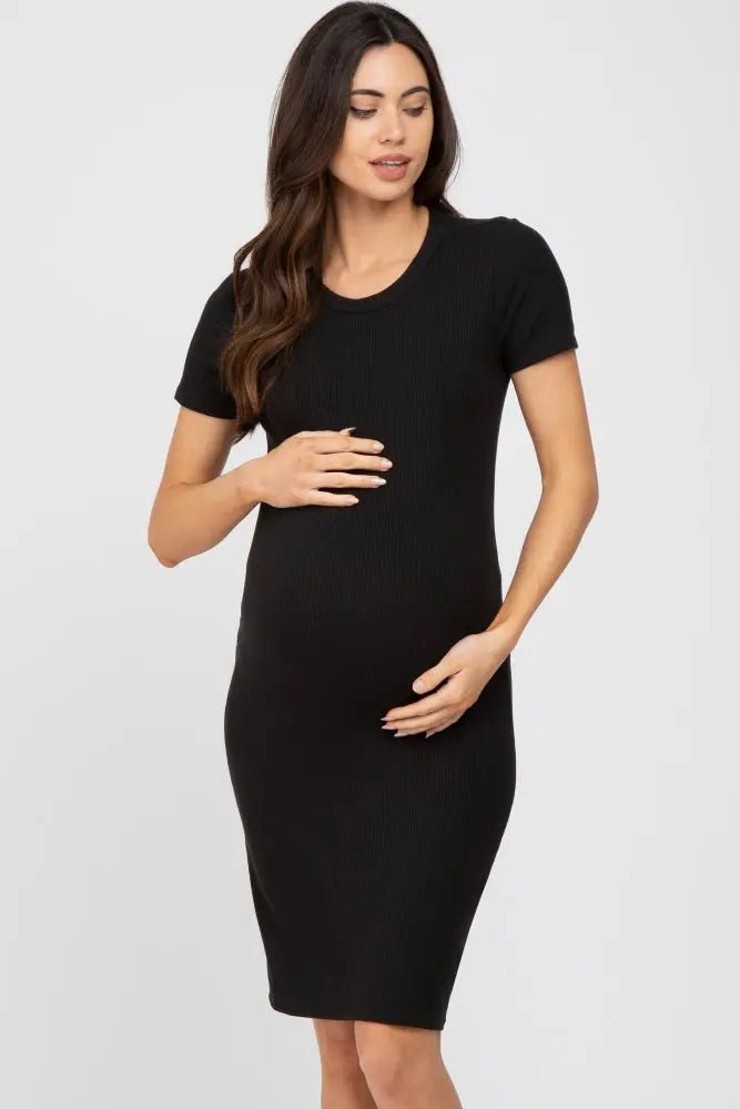 PinkBlush Black Ribbed Fitted Maternity Dress - 