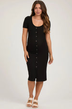 PinkBlush Black Ribbed Front Button Accent Short Sleeve Maternity Midi Dress - 