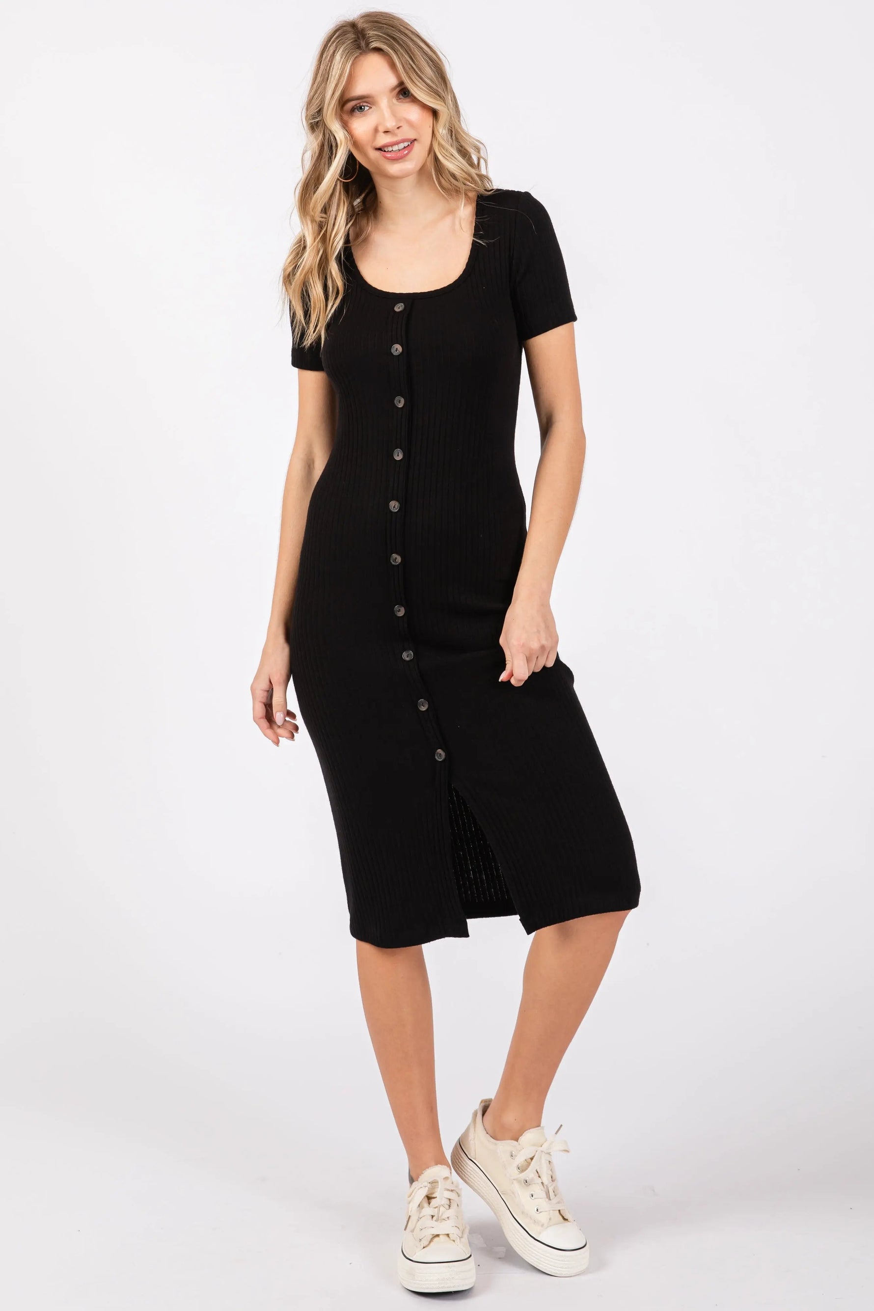 PinkBlush Black Ribbed Front Button Accent Short Sleeve Midi Dress - 
