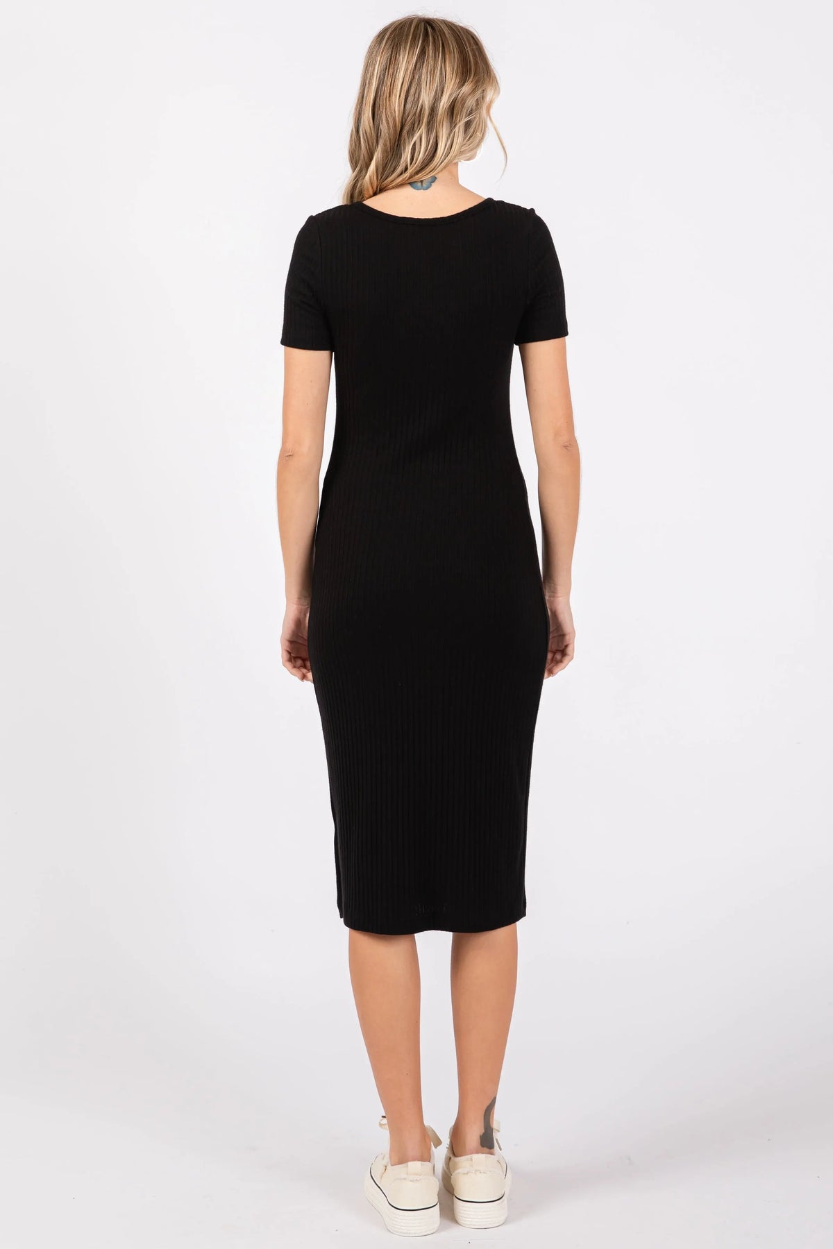 PinkBlush Black Ribbed Front Button Accent Short Sleeve Midi Dress - 