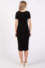 PinkBlush Black Ribbed Front Button Accent Short Sleeve Midi Dress - 