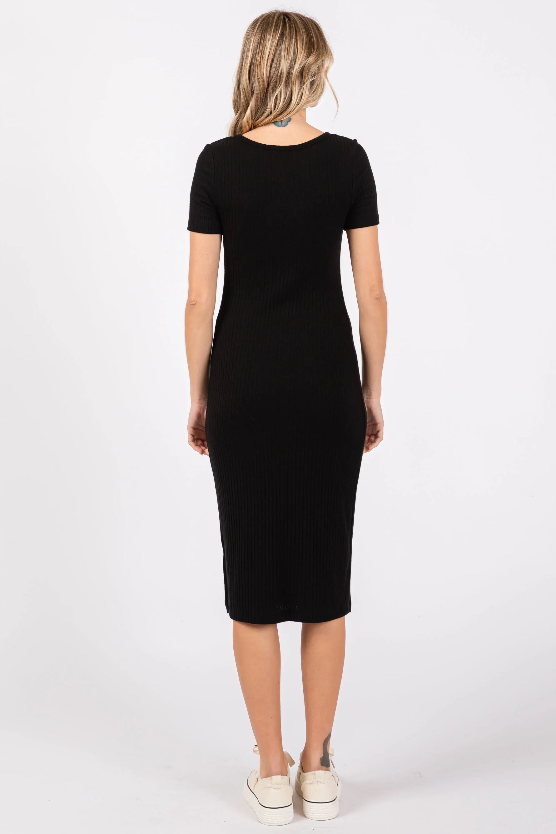 PinkBlush Black Ribbed Front Button Accent Short Sleeve Midi Dress - 