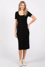 Black Ribbed Front Button Accent Short Sleeve Midi Dress - Person, Dress, Shoe, Footwear | Everetts Place