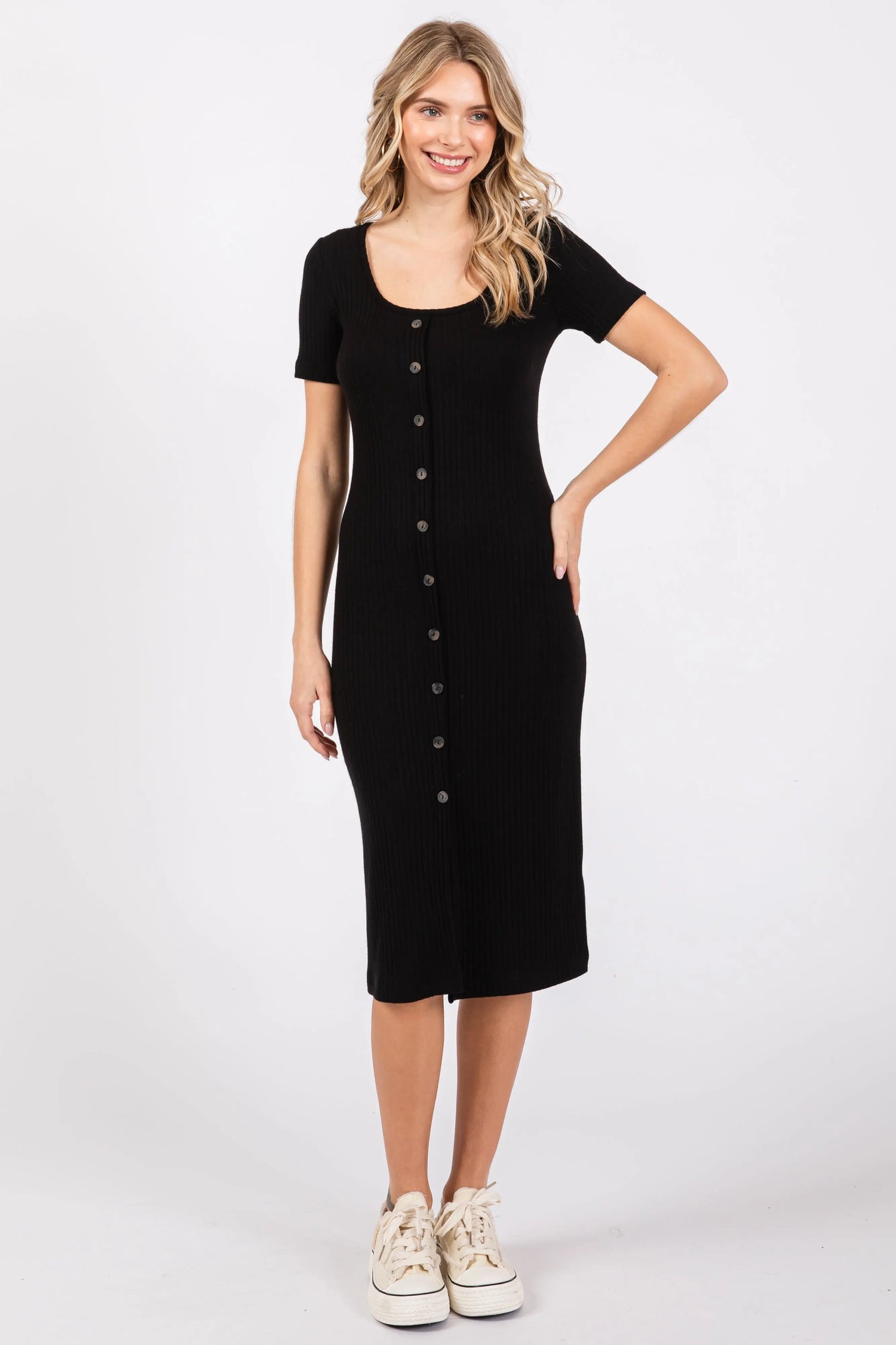 Black Ribbed Front Button Accent Short Sleeve Midi Dress - Person, Dress, Shoe, Footwear | Everetts Place
