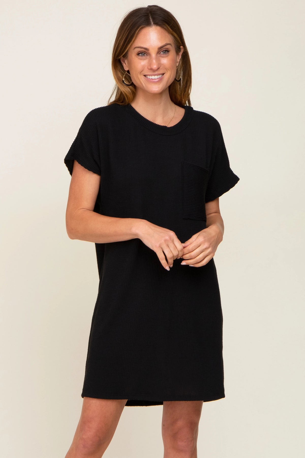 Black Ribbed Front Pocket Dolman Short Sleeve Dress - Sleeve, Shoulder, Neck, Collar, Smile | Everetts Place