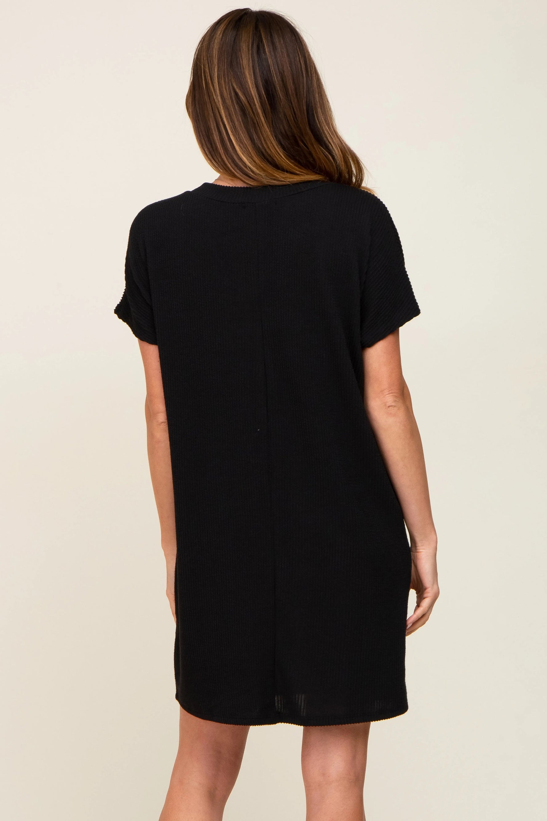 PinkBlush Black Ribbed Front Pocket Dolman Short Sleeve Dress - 