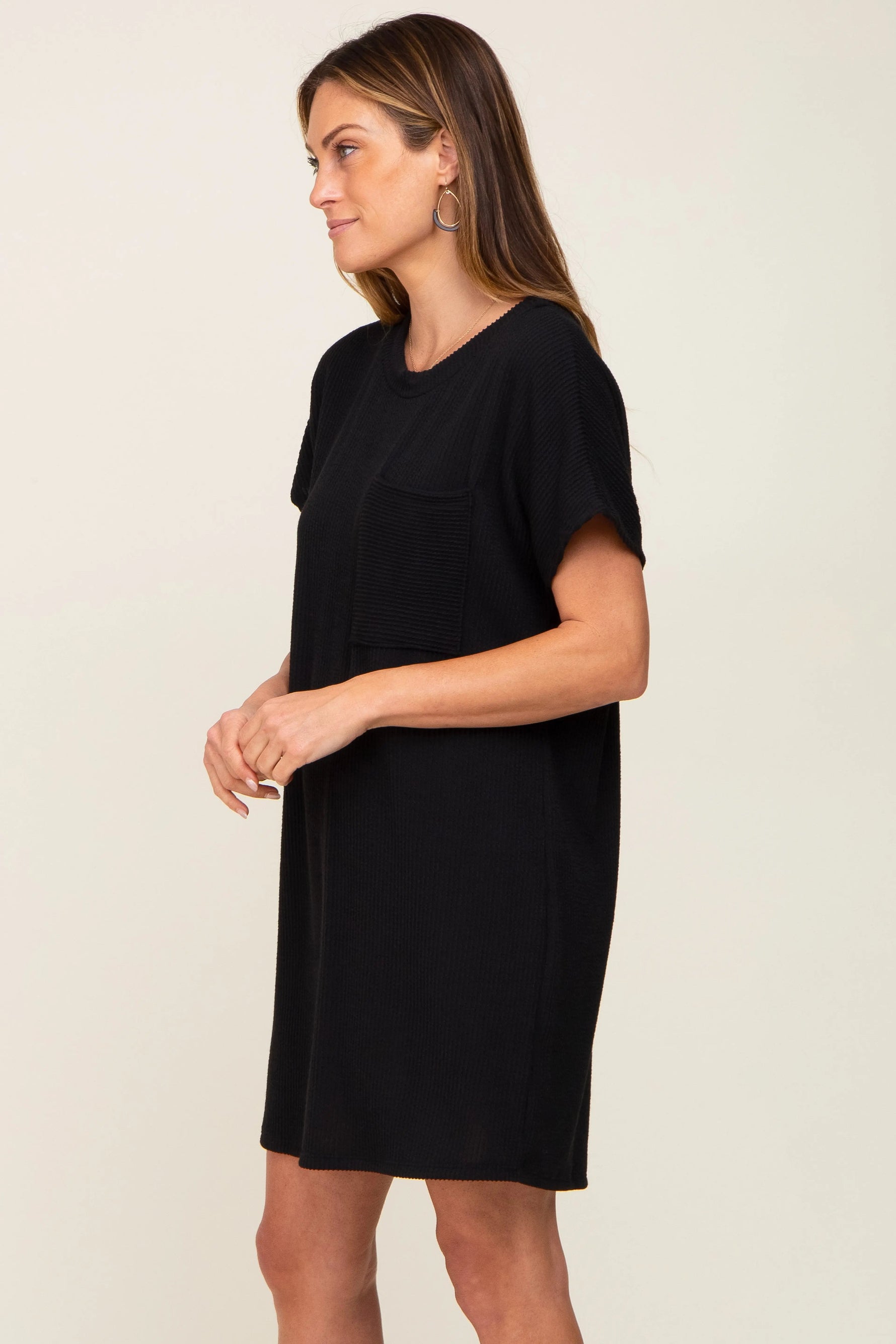 PinkBlush Black Ribbed Front Pocket Dolman Short Sleeve Dress - 