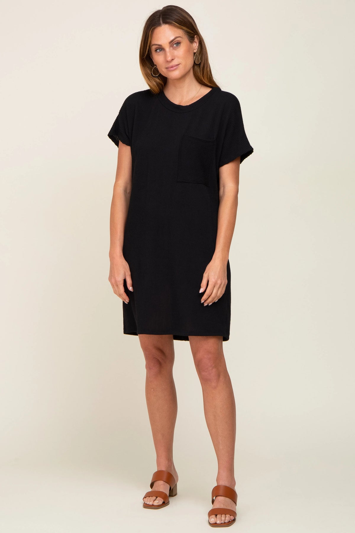 PinkBlush Black Ribbed Front Pocket Dolman Short Sleeve Dress - 