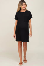 PinkBlush Black Ribbed Front Pocket Dolman Short Sleeve Maternity Dress - 