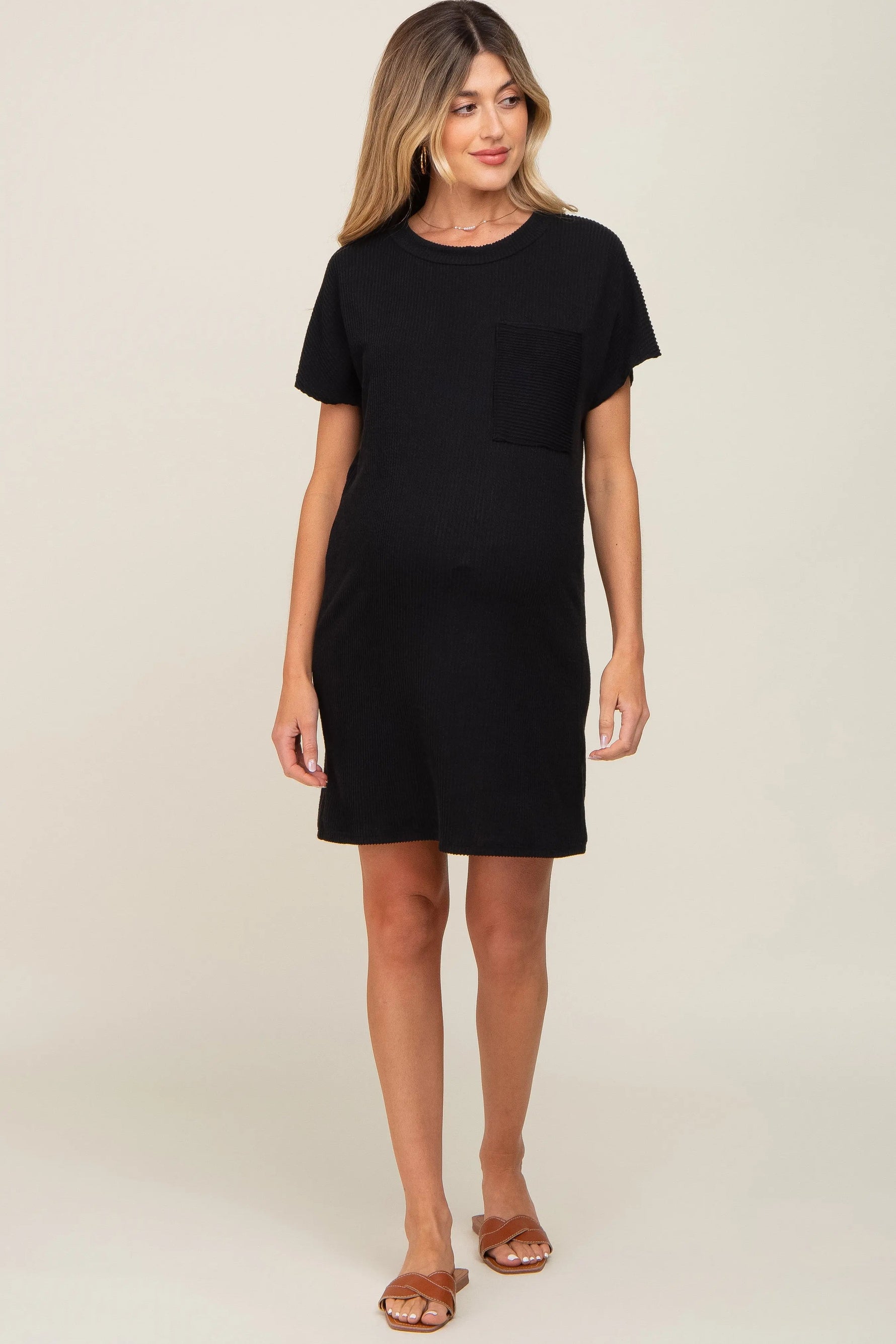 PinkBlush Black Ribbed Front Pocket Dolman Short Sleeve Maternity Dress - 