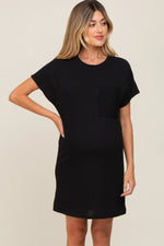 PinkBlush Black Ribbed Front Pocket Dolman Short Sleeve Maternity Dress - 
