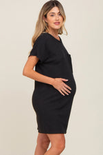 PinkBlush Black Ribbed Front Pocket Dolman Short Sleeve Maternity Dress - 