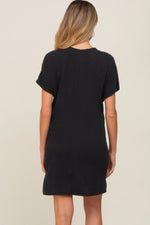 PinkBlush Black Ribbed Front Pocket Dolman Short Sleeve Maternity Dress - 