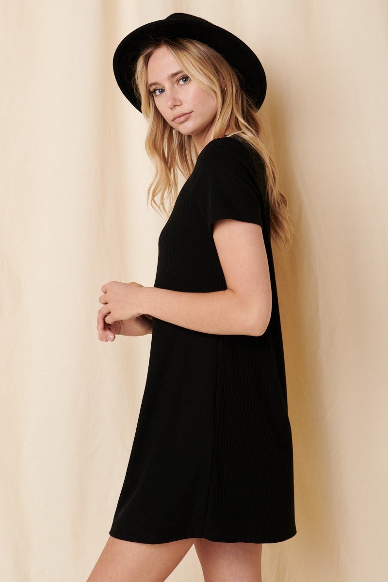 PinkBlush Black Ribbed Knit Basic Short Sleeve T-Shirt DressEveretts Place