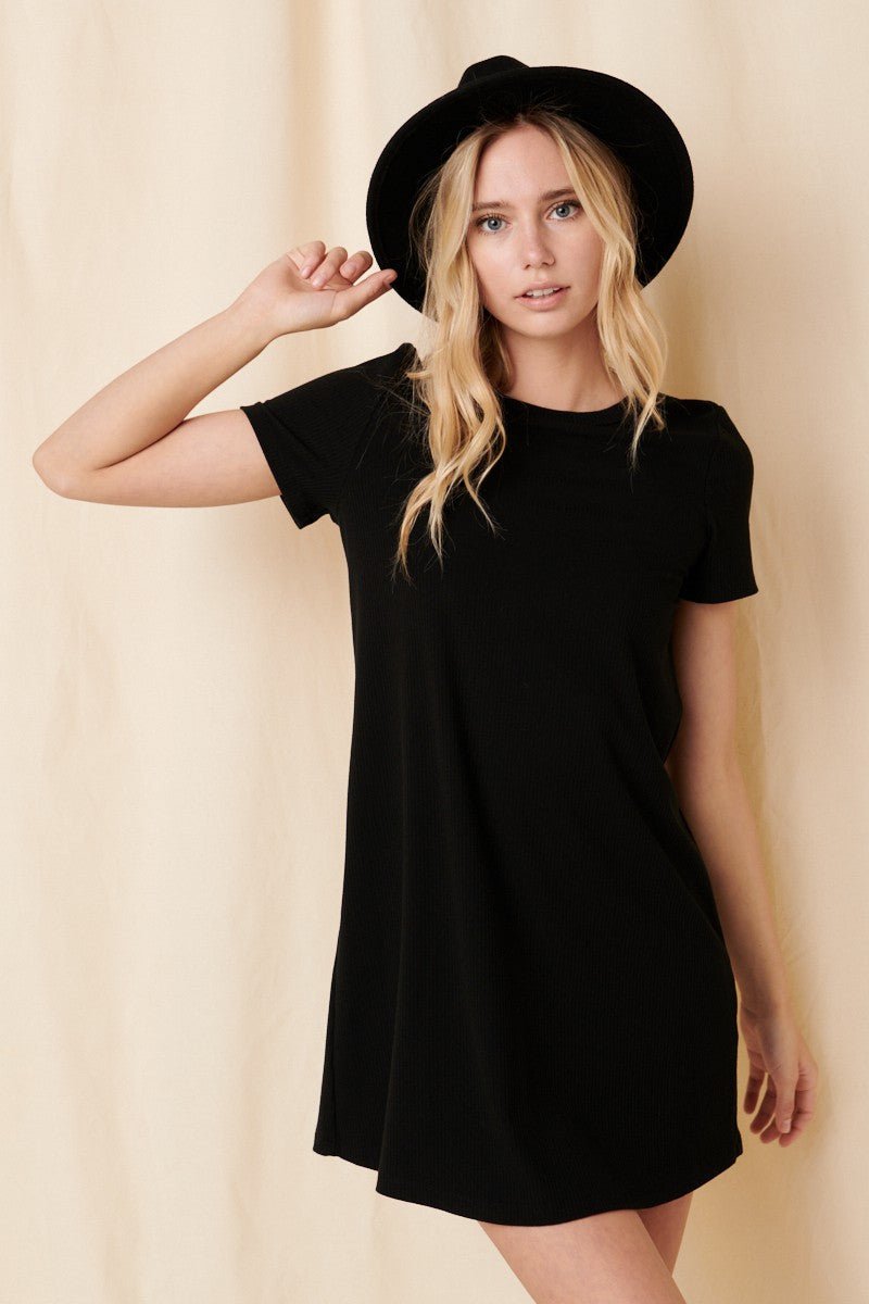 PinkBlush Black Ribbed Knit Basic Short Sleeve T-Shirt DressEveretts Place