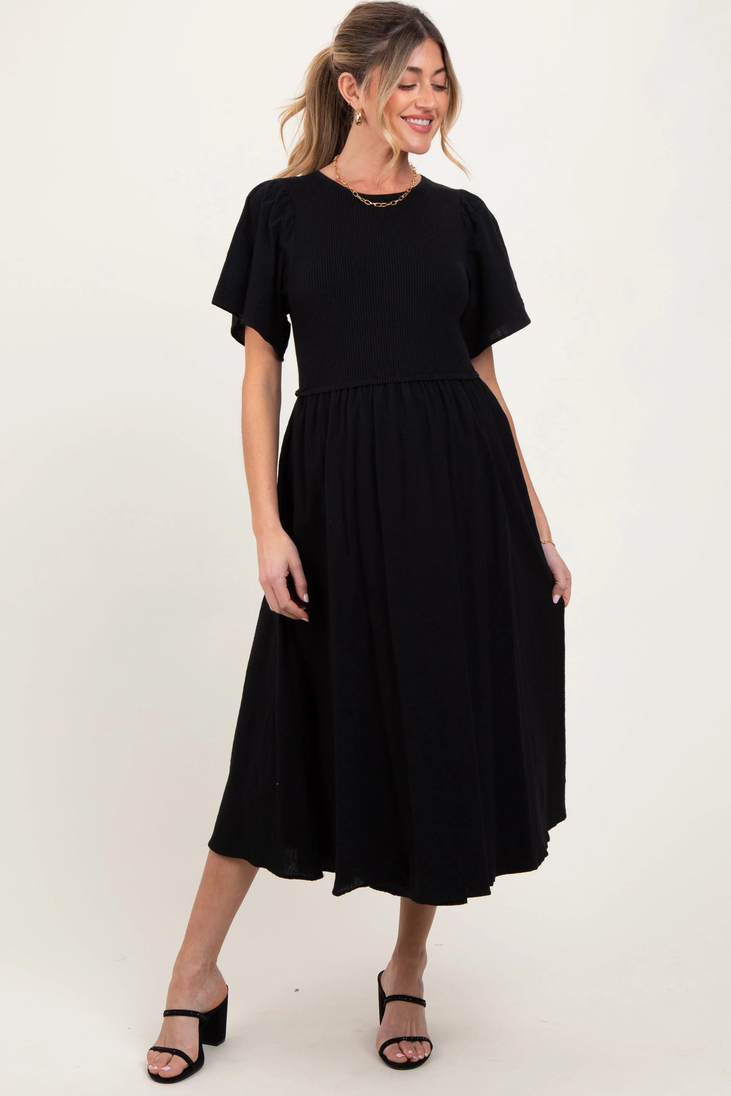 PinkBlush Black Ribbed Knit Contrast Top Maternity Midi Dress - 