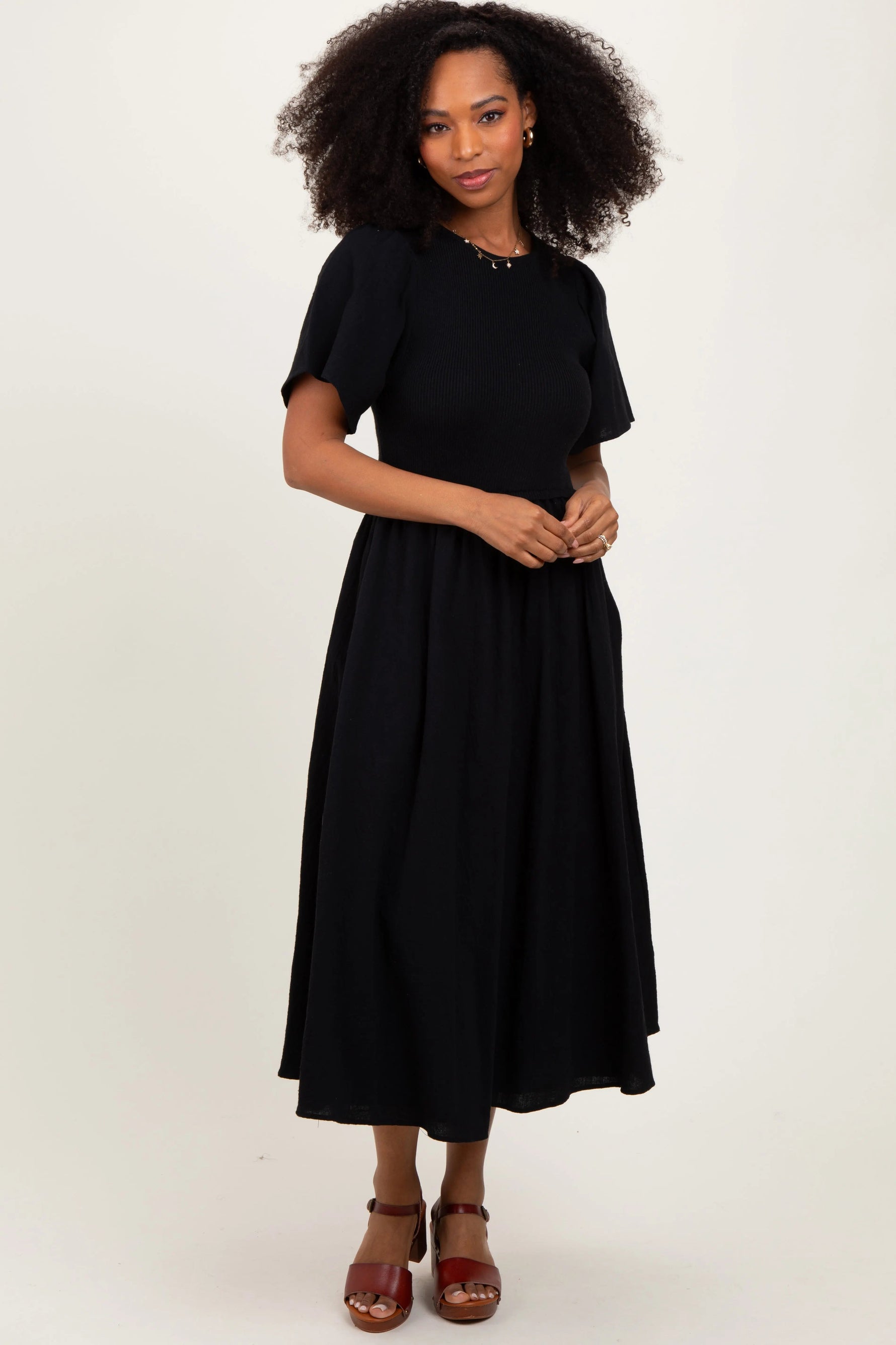PinkBlush Black Ribbed Knit Contrast Top Midi Dress - 