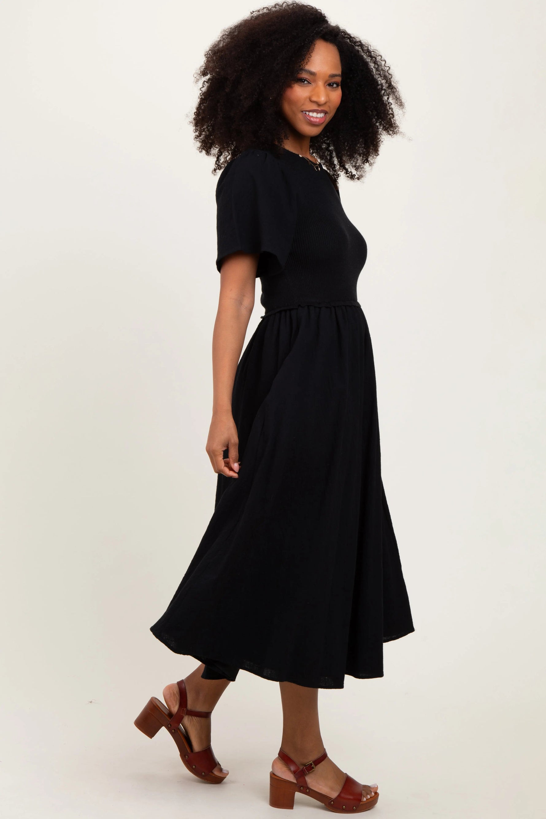 PinkBlush Black Ribbed Knit Contrast Top Midi Dress - 