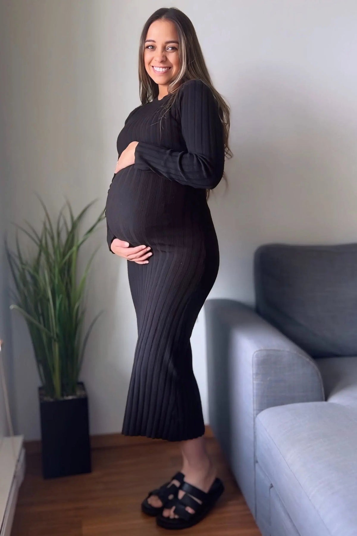 PinkBlush Black Ribbed Knit Fitted Maternity Midi Sweater Dress - 