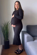 PinkBlush Black Ribbed Knit Fitted Maternity Midi Sweater Dress - 