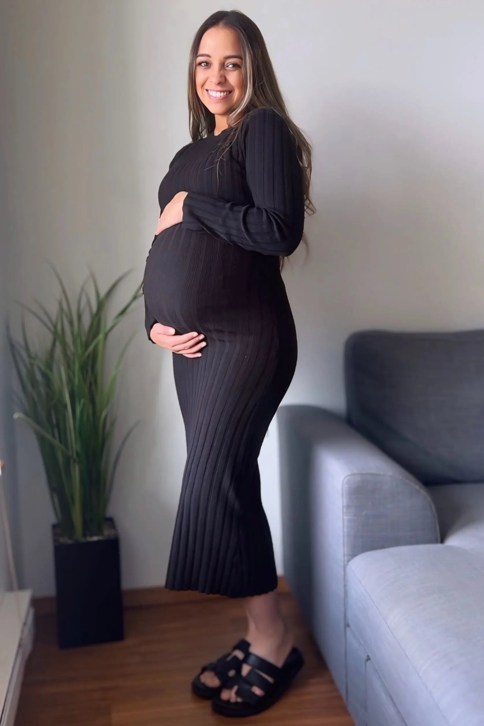 PinkBlush Black Ribbed Knit Fitted Maternity Midi Sweater Dress - 