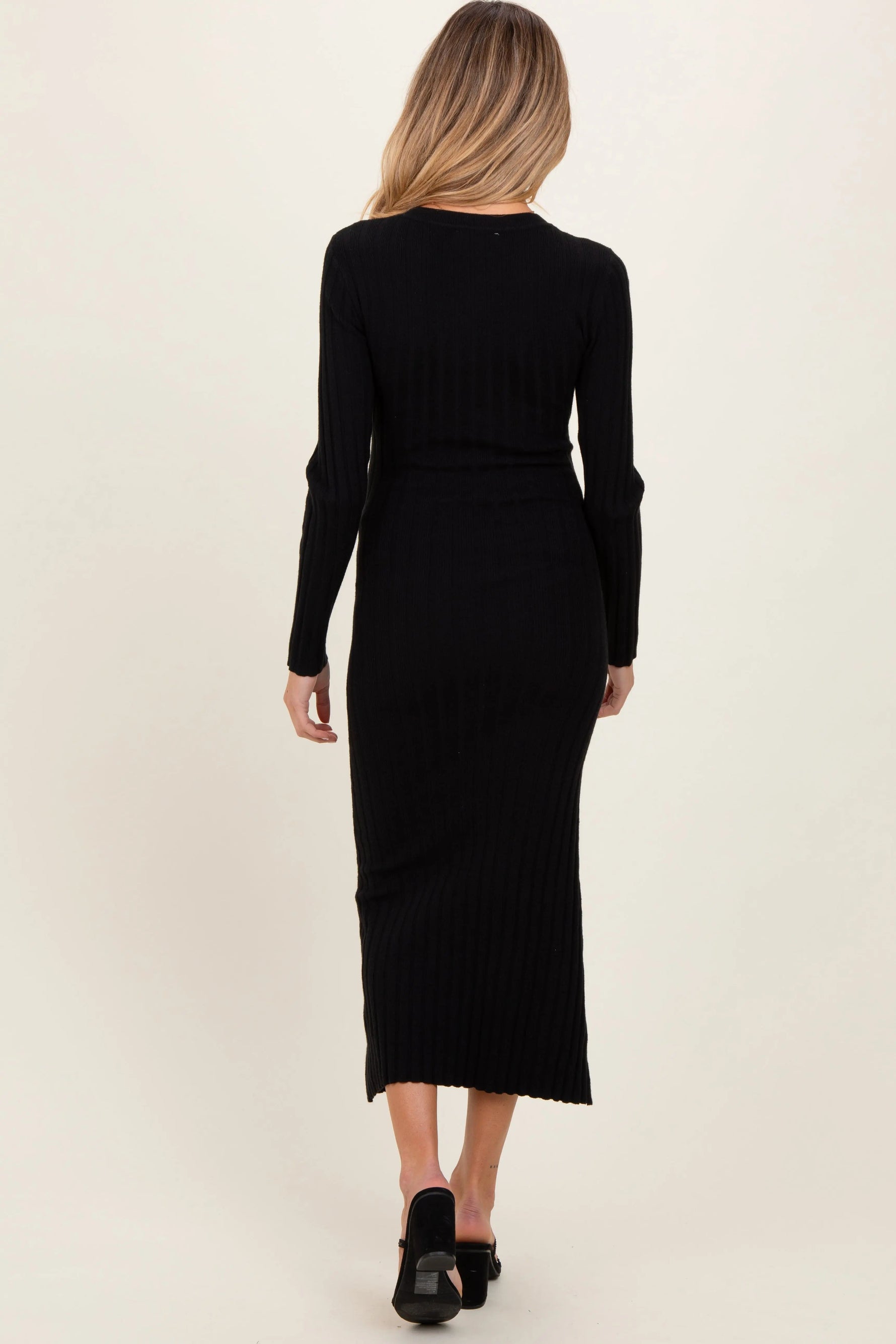 PinkBlush Black Ribbed Knit Fitted Maternity Midi Sweater Dress - 