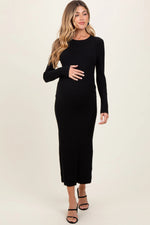 PinkBlush Black Ribbed Knit Fitted Maternity Midi Sweater Dress - 