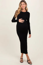 PinkBlush Black Ribbed Knit Fitted Maternity Midi Sweater Dress - 