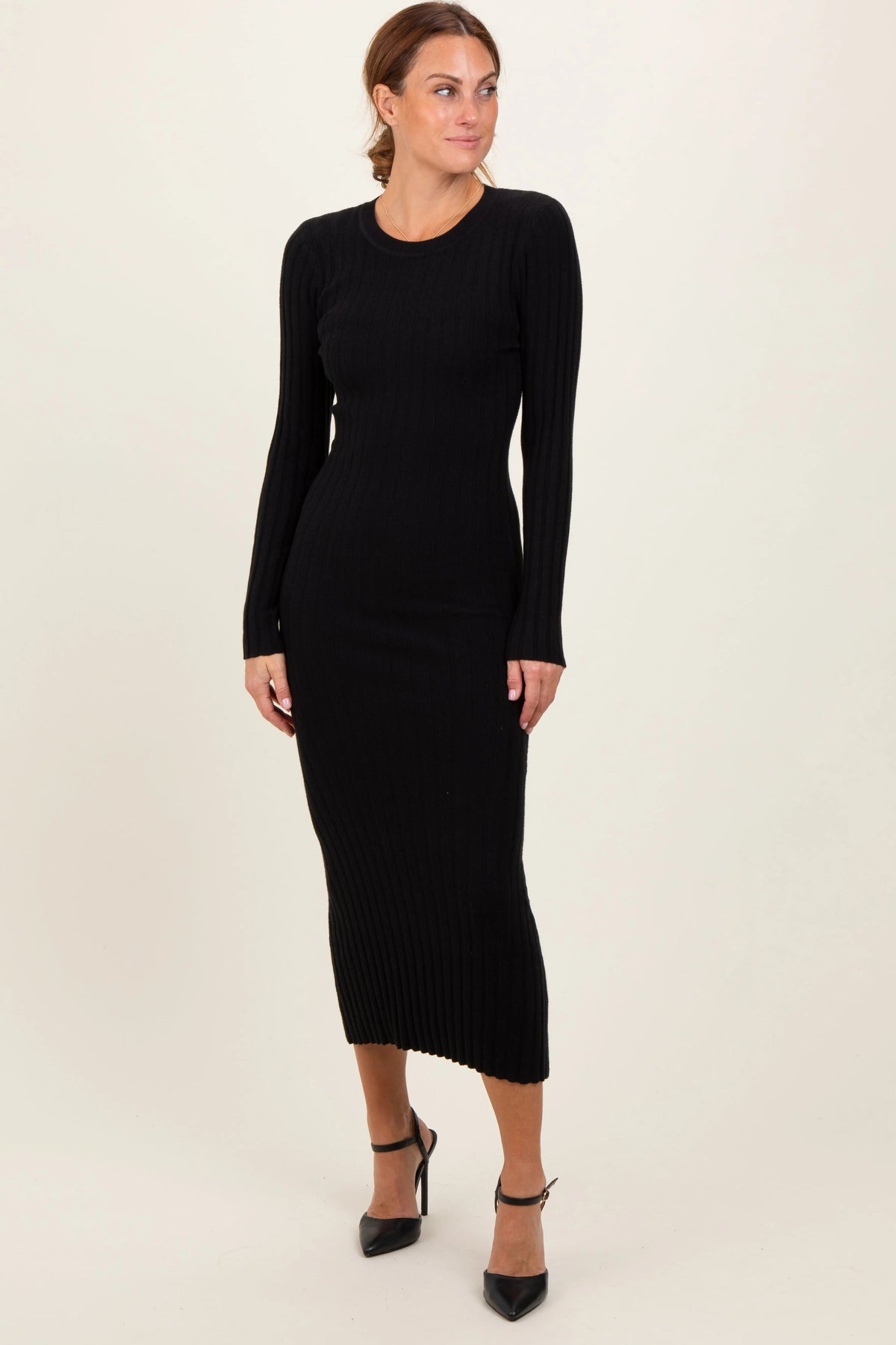 PinkBlush Black Ribbed Knit Fitted Midi Sweater Dress - 