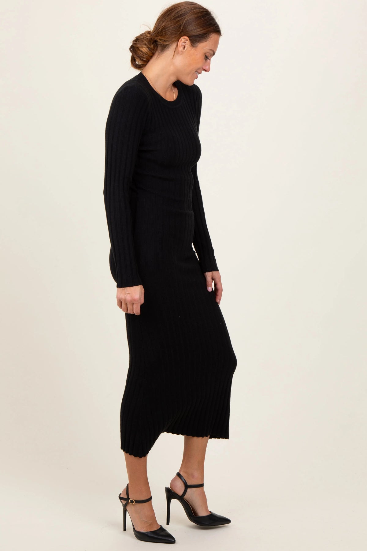 PinkBlush Black Ribbed Knit Fitted Midi Sweater Dress - 