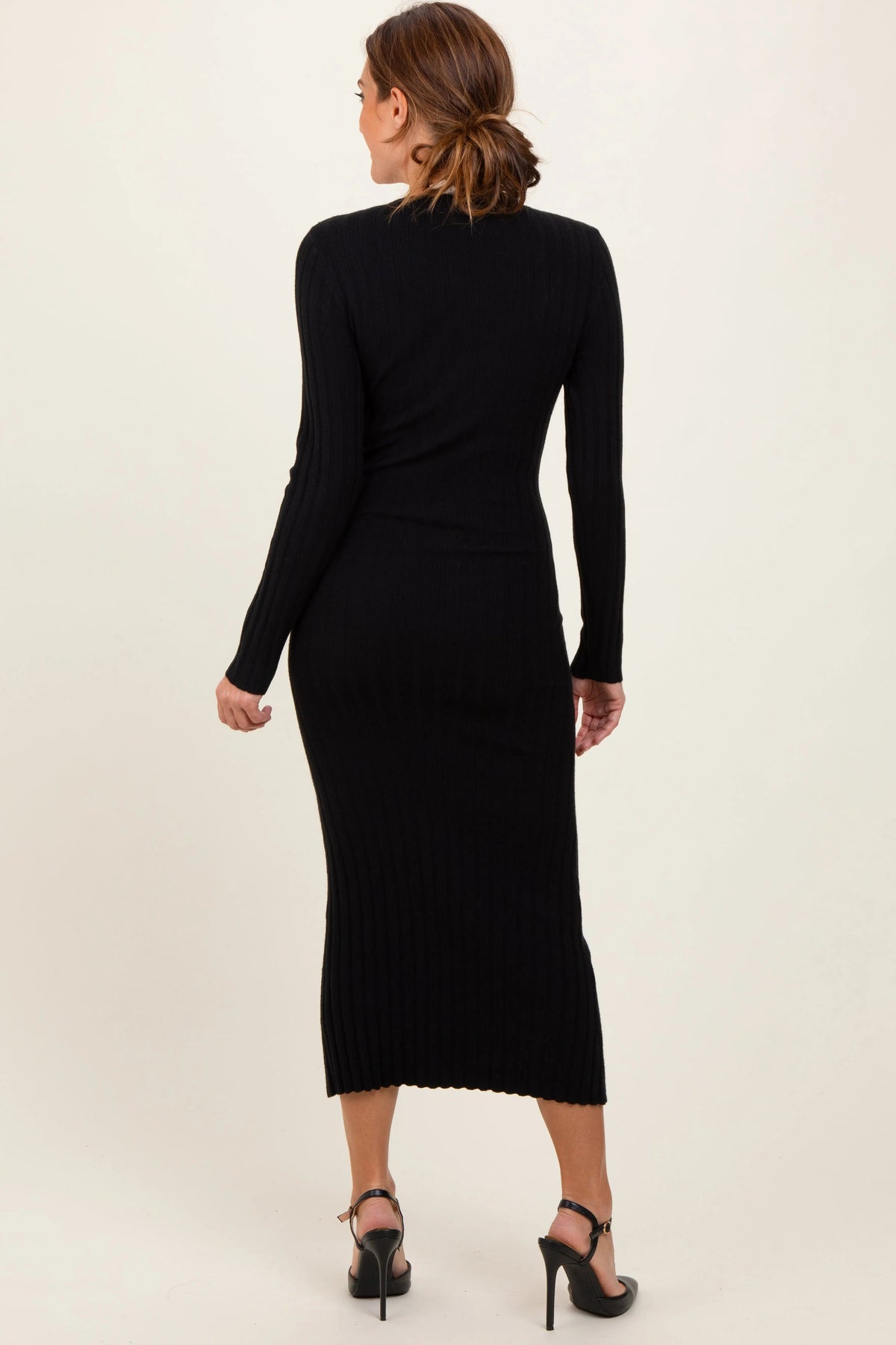 PinkBlush Black Ribbed Knit Fitted Midi Sweater Dress - 