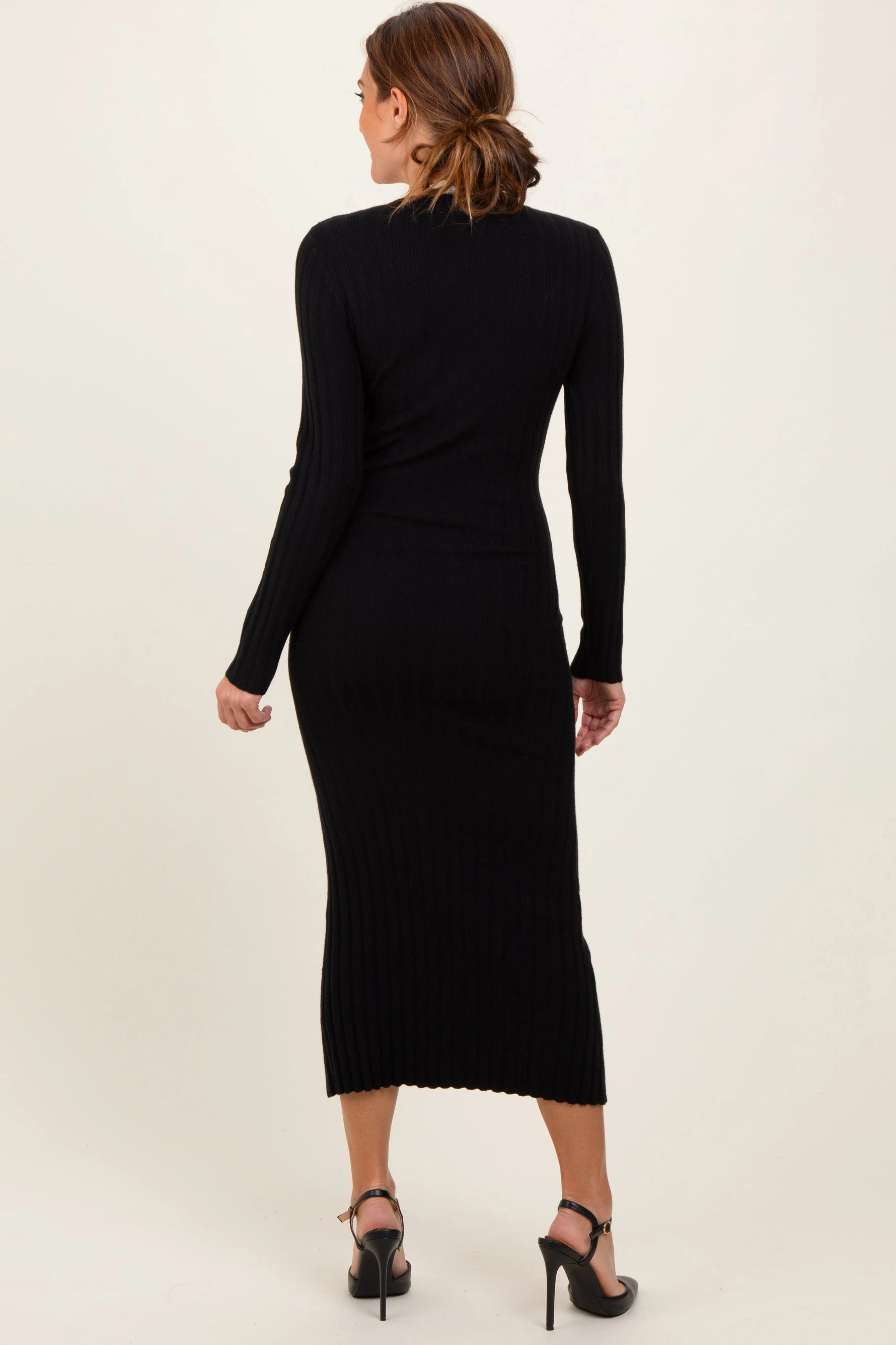 PinkBlush Black Ribbed Knit Fitted Midi Sweater Dress - 