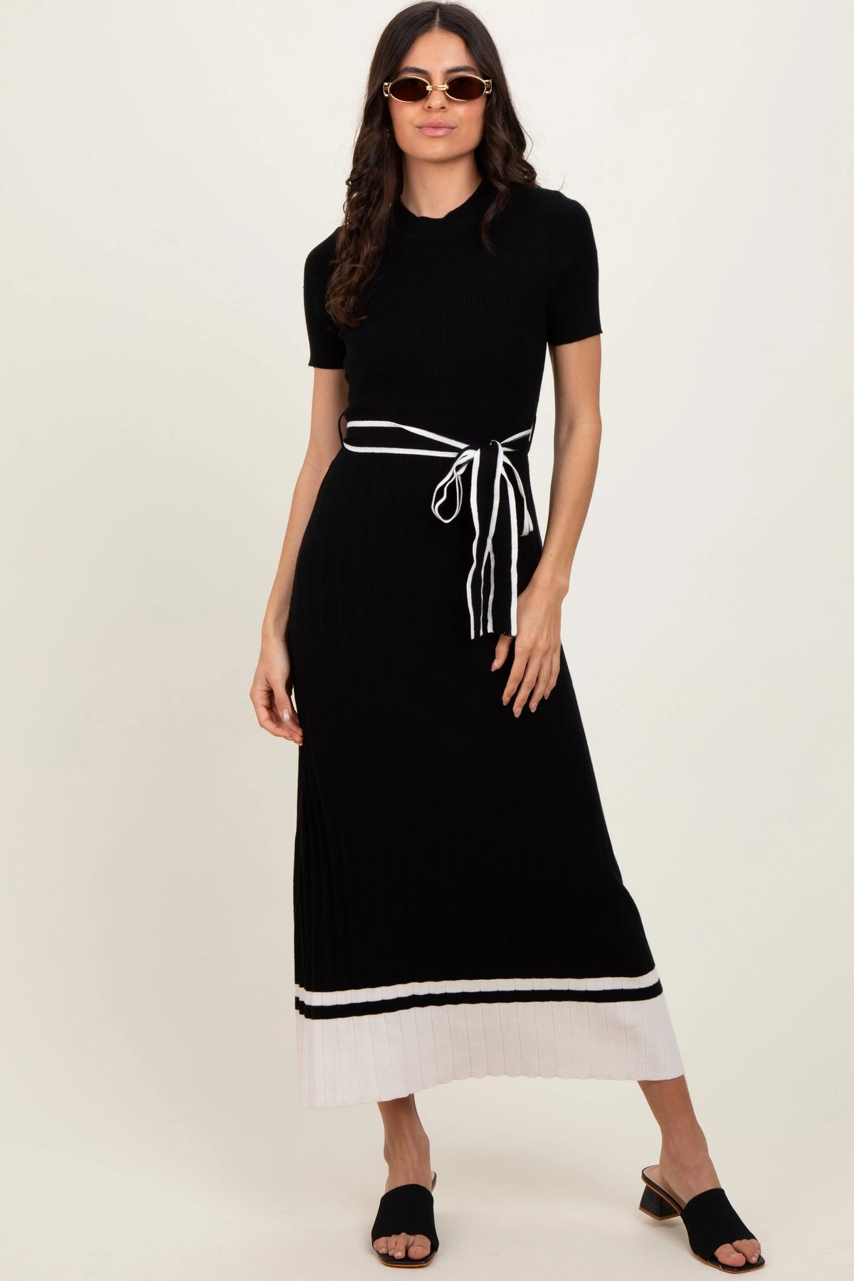PinkBlush Black Ribbed Knit Pleated Midi Dress - 