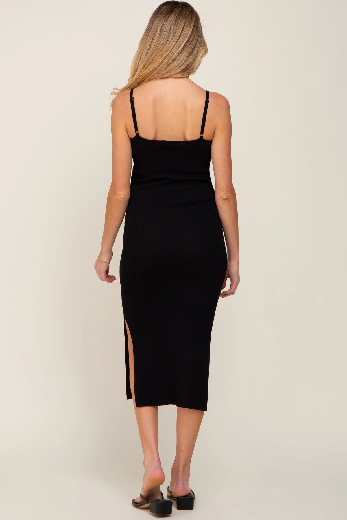 PinkBlush Black Ribbed Knit Side Slit Maternity Midi Dress - 