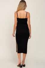 PinkBlush Black Ribbed Knit Side Slit Maternity Midi Dress - 