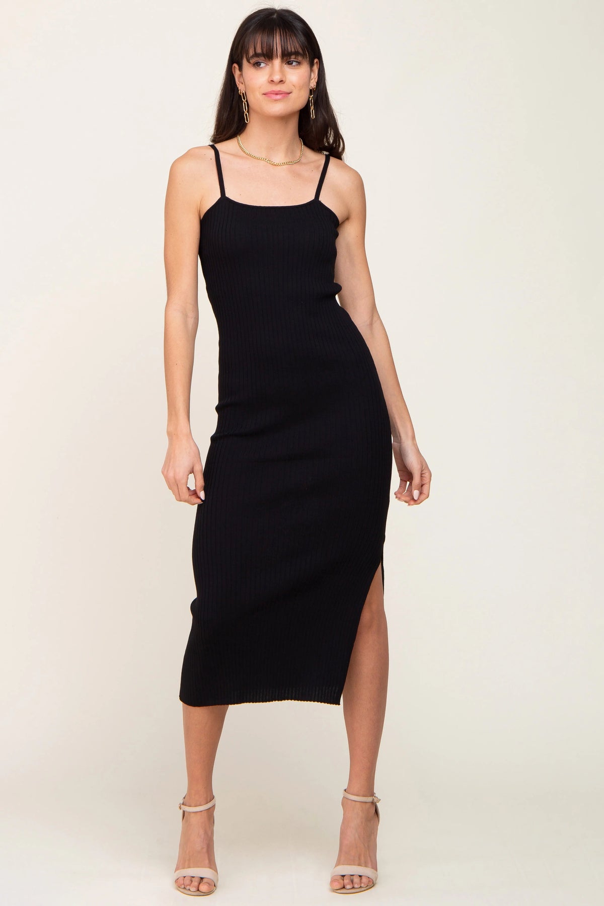 PinkBlush Black Ribbed Knit Side Slit Maternity Midi Dress - 